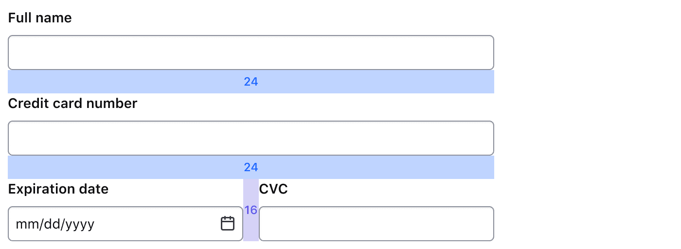 Three credit card information fields arranged with one full width field followed by a row of two side-by-side equal width fields
